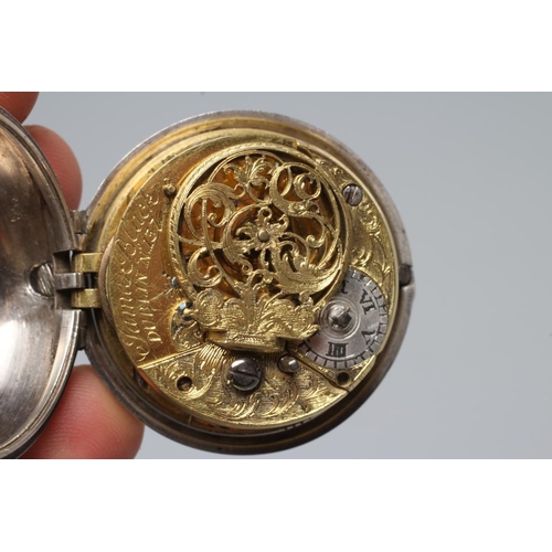 382 - A GEORGE III IRISH PAIR CASED POCKET WATCH, the white enamel dial with Roman and Arabic numerals, th... 