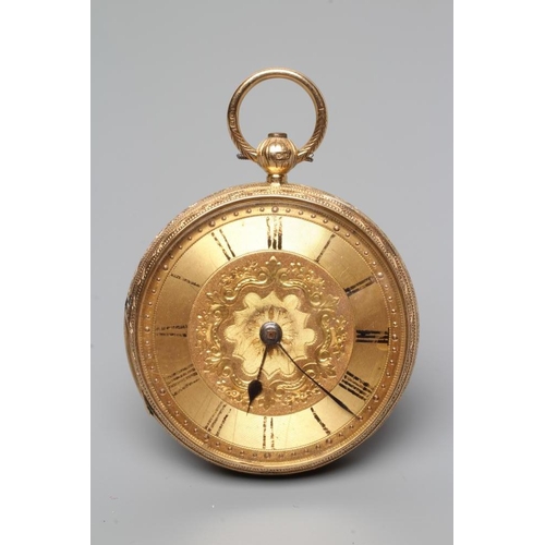 383 - A LATE VICTORIAN 18CT GOLD POCKET WATCH, the engine turned chapter ring with black Roman numerals en... 