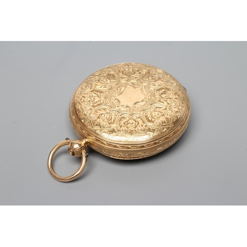 383 - A LATE VICTORIAN 18CT GOLD POCKET WATCH, the engine turned chapter ring with black Roman numerals en... 