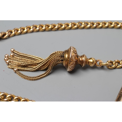 371 - AN ALBERT CHAIN with bar and dog-clip fastener, all stamped 625, 15, pendant with an unmarked tassel... 