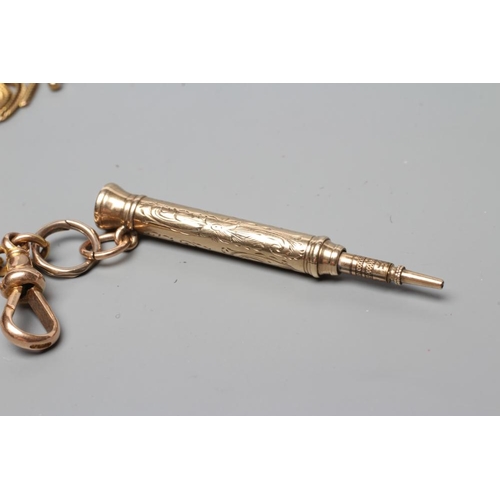 371 - AN ALBERT CHAIN with bar and dog-clip fastener, all stamped 625, 15, pendant with an unmarked tassel... 