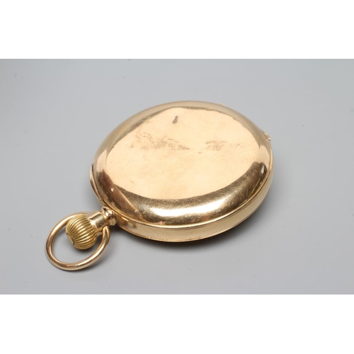 403 - AN 18CT GOLD TOP WIND HALF HUNTER POCKET WATCH, the white enamel dial with black Roman numerals encl... 