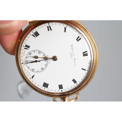 403 - AN 18CT GOLD TOP WIND HALF HUNTER POCKET WATCH, the white enamel dial with black Roman numerals encl... 