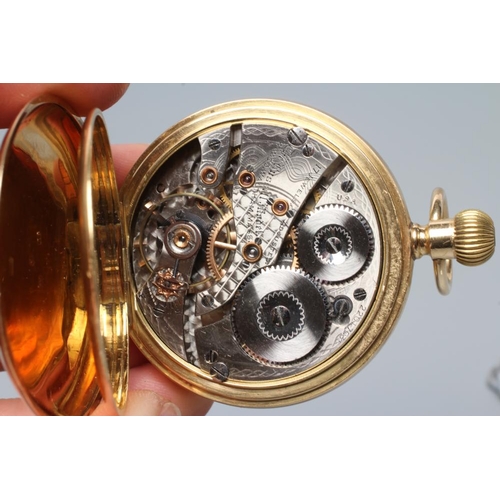 403 - AN 18CT GOLD TOP WIND HALF HUNTER POCKET WATCH, the white enamel dial with black Roman numerals encl... 