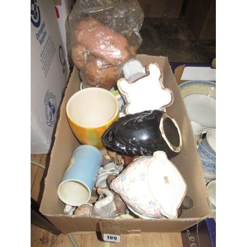 109 - BOX OF MISCELLANEOUS CERAMICS AND A DOLL