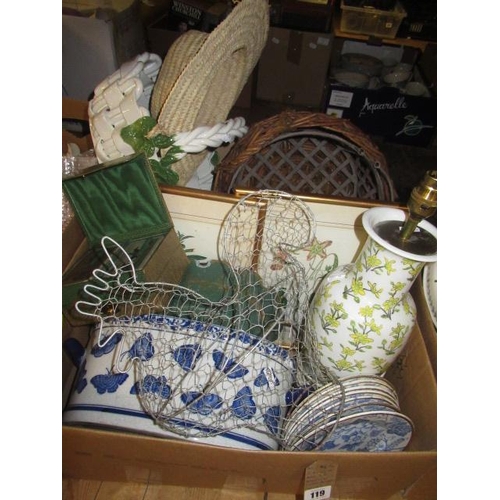 119 - TWO BOXES OF MISCELLANEOUS INCLUDING BASKETS AND CASED PLAYING CARDS ETC