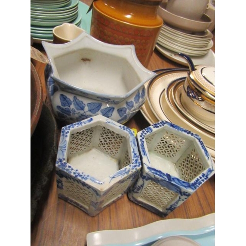 140 - TWO HEXAGONAL CHINESE PLANT POT HOLDERS AND ANOTHER