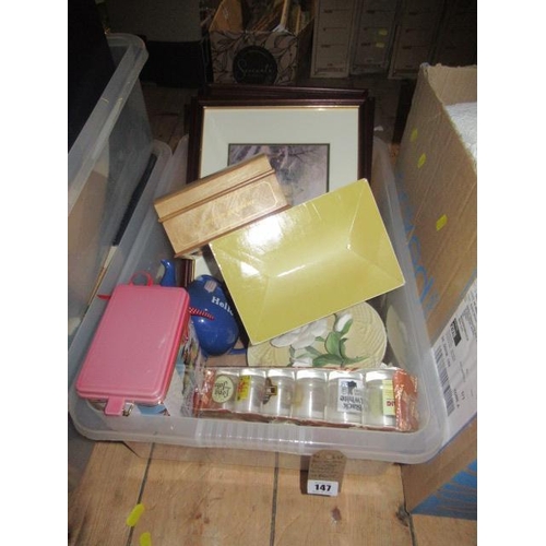 147 - BOX OF MISCELLANEOUS INCLUDING CHRISTMAS THEMED MUSICAL BOX AND PRINTS