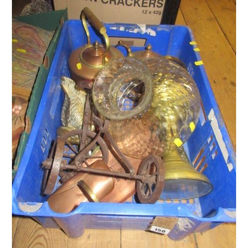 150 - BOX OF COPPER AND BRASS INCLUDING OIL LAMP