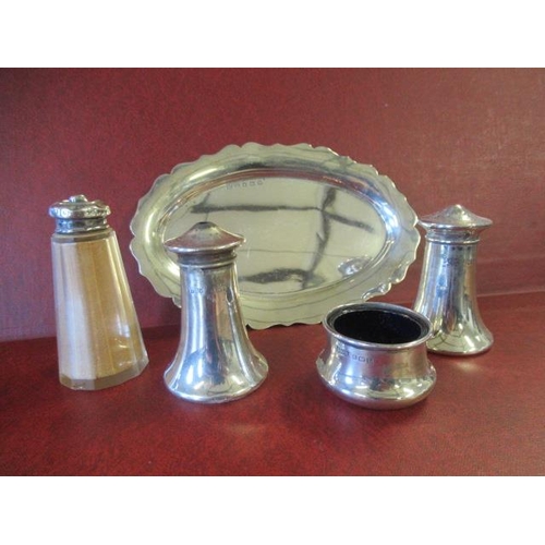 214 - SILVER DISH AND A SALT AND PEPPER SET