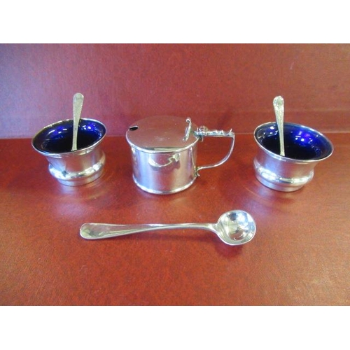 224 - TWO SILVER SALTS SILVER MUSTARD POT AND THREE SPOONS