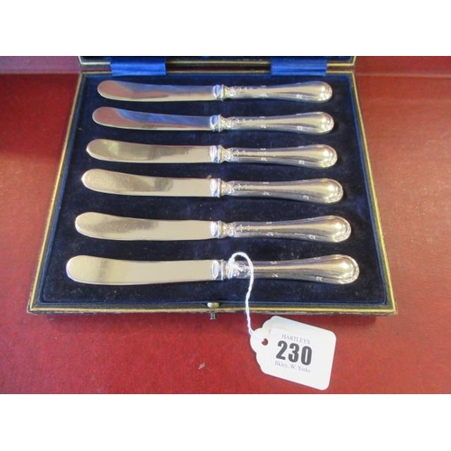 230 - CASED SET OF SIX SILVER HANDLED TEA KNIVES