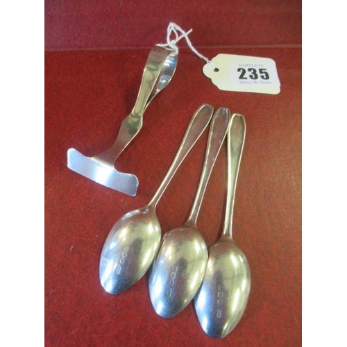 235 - SILVER INFANT FOOD PUSHER AND THREE SILVER SPOONS