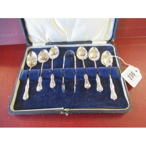 236 - CASED SET OF SIX SILVER COFFEE SPOONS AND TONGS