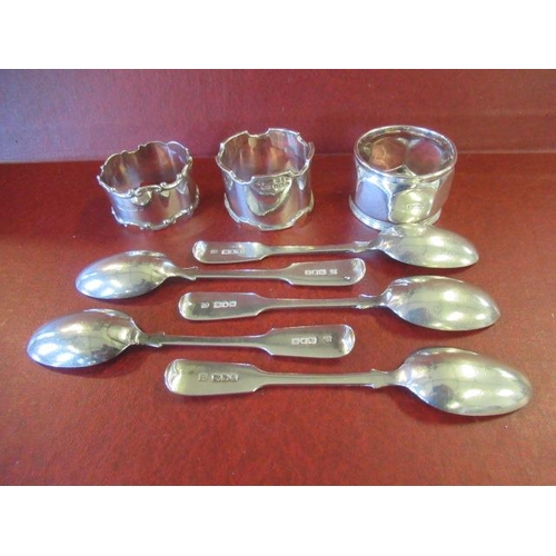 237 - FIVE SILVER TEASPOONS AND THREE SILVER NAPKIN RINGS