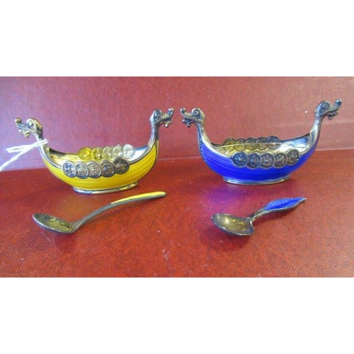 244 - PAIR OF MID CENTURY MAGNUS AASE SILVER AND ENAMEL VIKING BOATS