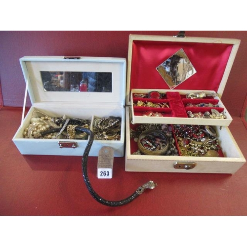 263 - TWO JEWELLERY BOXES OF COSTUME JEWELLERY ETC