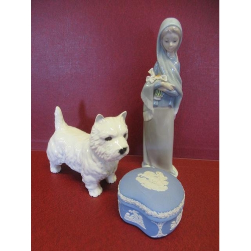 301 - LLADRO FIGURE BESWICK SCOTTIE AND JASPERWARE TRINKET DISH