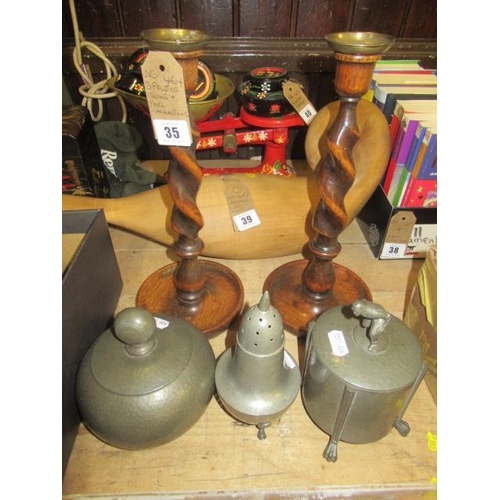 35 - THREE PEWTER ITEMS AND PAIR OF CANDLESTICKS