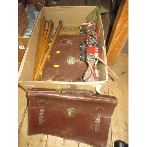 369 - VINTAGE RUCKSACKS SKATES AND A CLOTHES PRESS ETC