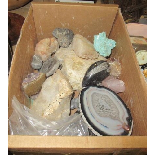 37 - BOX OF FOSSILS AND GEM STONES ETC