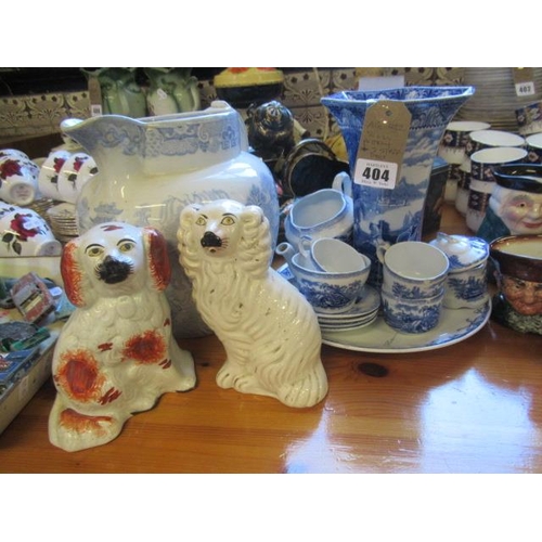 404 - BLUE AND WHITE POTTERY AND TWO STAFFORDSHUIRE DOGS