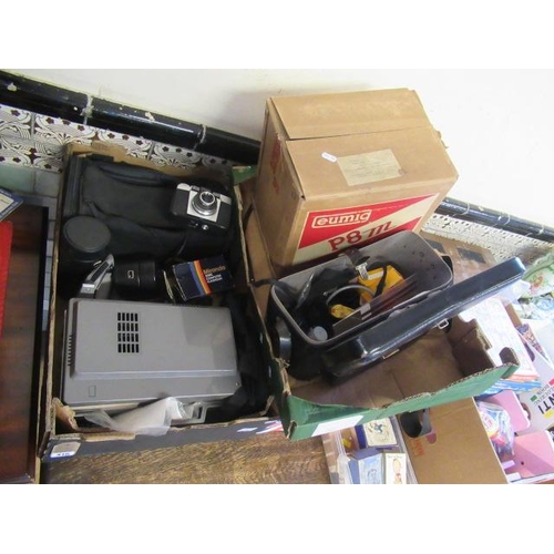 416 - TWO BOXES OF CAMERAS AND A PROJECTOR ETC