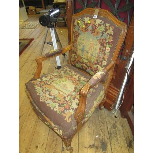 847 - CARVED TAPESTRY ELBOW CHAIR