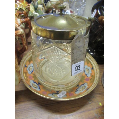 92 - ANTIQUE DISH AND GLASS BISCUIT BARREL