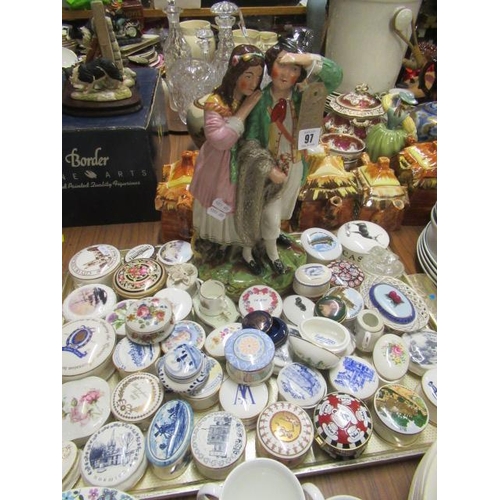 97 - TRAY OF TRINKET BOXES AND A POTTERY FIGURE