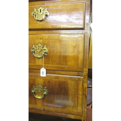 921 - A GEORGIAN WALNUT CHEST ON STAND, mid 18th century, crossbanded with feather stringing, the cavetto ... 