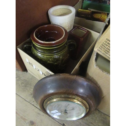 145 - BOX OF CERAMICS AND A BAROMETER