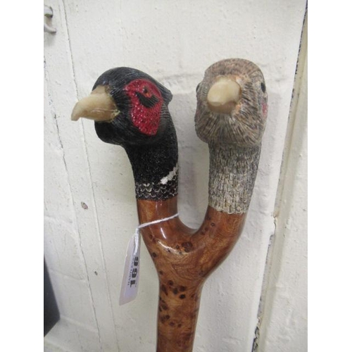 166 - TWIN PHEASANT HEADED WALKING STICK
