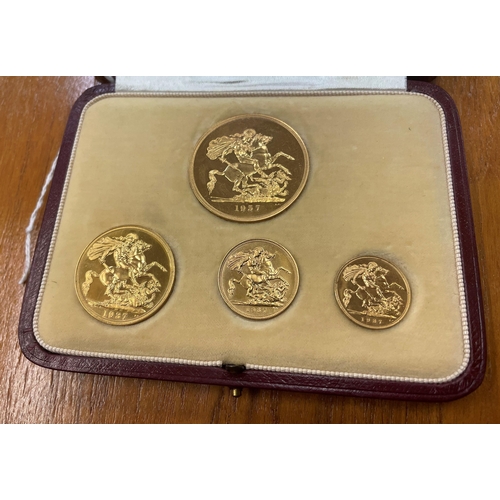 366 - A GEORGE VI SPECIMEN GOLD FOUR COIN SET, 1937, comprising £5, £2, sovereign and half sovereign, case... 