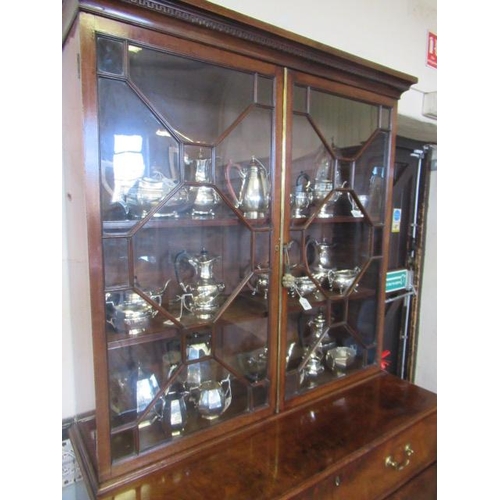 929 - A GEORGIAN MAHOGANY SECRETAIRE BOOKCASE, third quarter 18th century, the dentil moulded cornice over... 