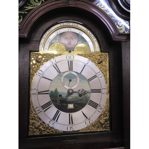 851 - A MAHOGANY LONGCASE SIGNED RALPH CLAYTON, MARPLE, the eight day movement with anchor escapement stri... 