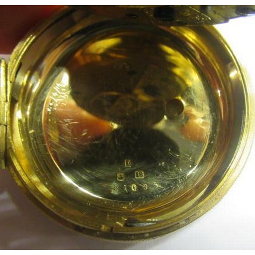 383 - A LATE VICTORIAN 18CT GOLD POCKET WATCH, the engine turned chapter ring with black Roman numerals en... 