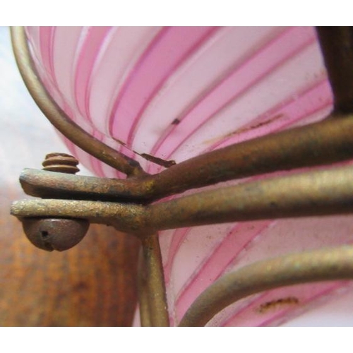 666 - A VICTORIAN HANGING LANTERN, the wirework frame with a custom blown pink and white candy stripe shad... 