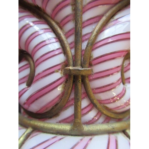 666 - A VICTORIAN HANGING LANTERN, the wirework frame with a custom blown pink and white candy stripe shad... 