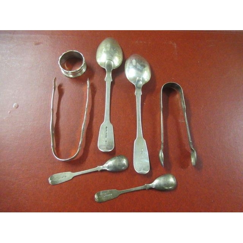 271 - FOUR SILVER SPOONS TWO SILVER TONGS AND A SILVER NAPKIN RING