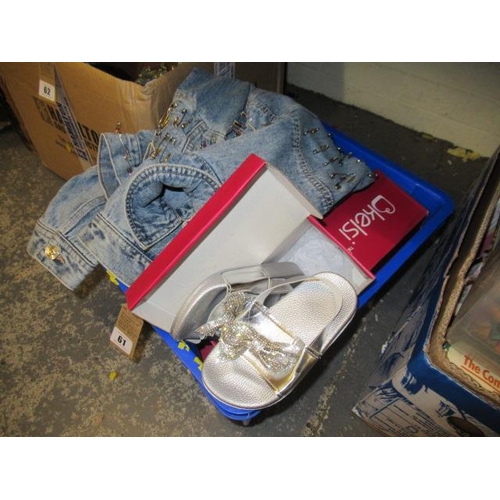 61 - SELECTION OF BOXED CHILDRENS SHOES AND A DENIM JACKET WITH SAFETY PINS