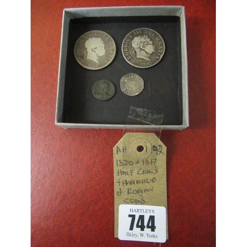 744 - 1820 AND 1817 HALF CROWNS AND HAMMERED AND ROMAN COINS