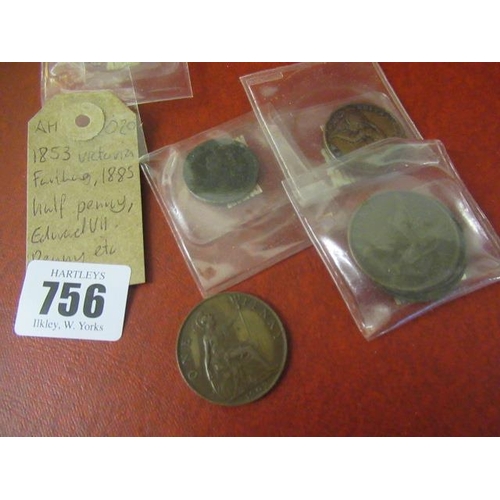 756 - 1853 FARTHING 1885 HALF PENNY AND EDWARD VII PENNY ETC