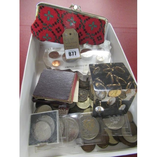 877 - QUANTITY OF COINS AND 1951 CROWN AND TWO US COIN PAPERWEIGHTS