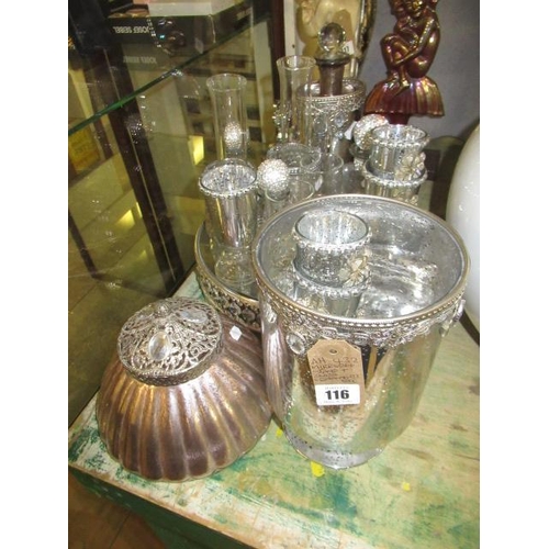 116 - MIRRORED STAND AND GLASS ORNAMENTS ETC