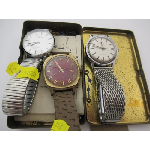 198 - THREE WATCHES AND A TIN OF WATCH HANDS