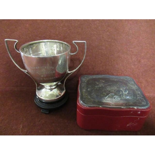 212 - SILVER TOPPED BOX AND A SILVER TROPHY