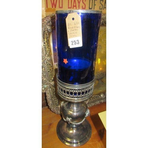 253 - BLUE GLASS AND EPNS CANDLESTICK