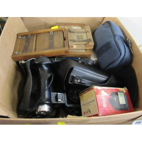 38 - BOX OF OLD CAMERAS AND PHOTOGRAPHIC PLATES