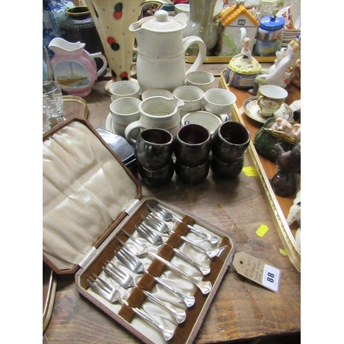 88 - TWO STONEWARE COFFEE SETS AND A CASED PICKLE FORK SET